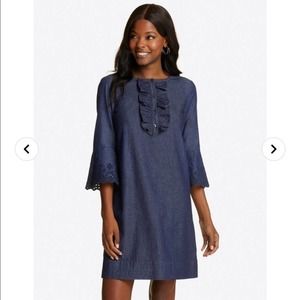 Draper James Blue Chambray Shirt Dress Ruffle Embroidered Shift Mini 3/4 Sleeve